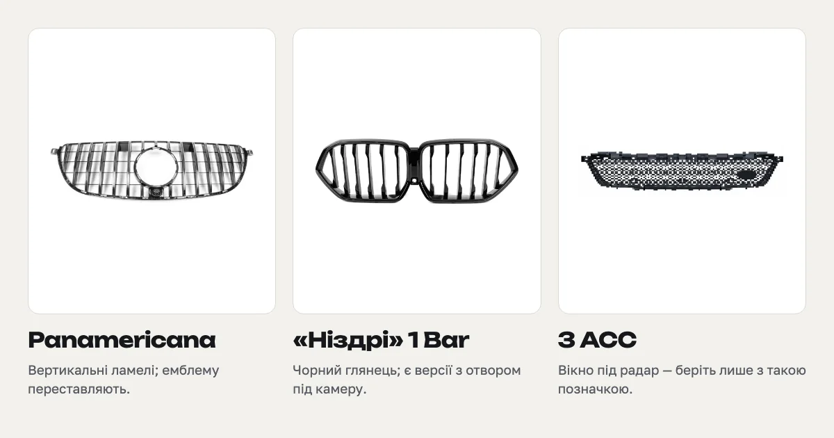 Тюнінг-решітки з каталогу: Panamericana, «ніздрі» 1 Bar і нижня решітка з вікном під радар